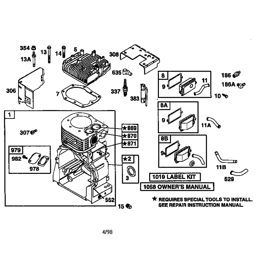 Cylinder Assembly Diagram and Parts List for 19E400-19E499 1132 Briggs and Stratton Engine